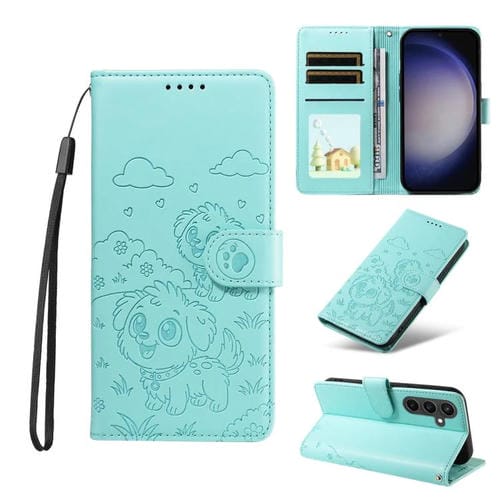 Funda de cuero con bloqueo RFID para Samsung Galaxy S23 FE 5G, diseño de corazón con perro en relieve (verde)