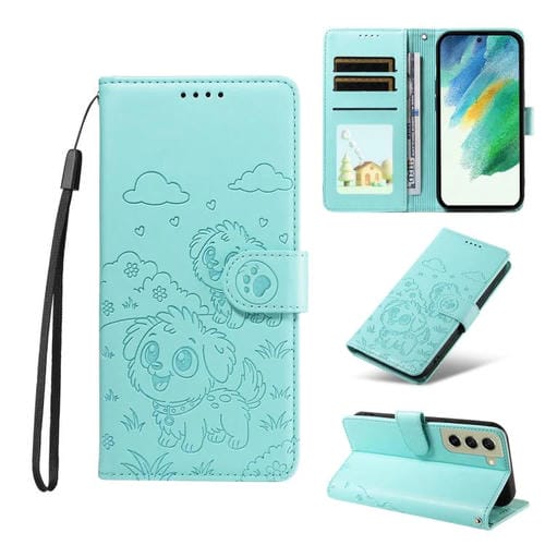 Funda de cuero con bloqueo RFID para Samsung Galaxy S21 FE 5G, diseño de corazón con perro en relieve (verde)