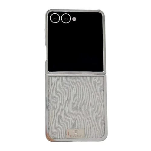 Funda para Samsung Galaxy Z Flip5 con marco chapado, placa de identificaciĂłn de papel brillante, cobertura total (plata ondulada)