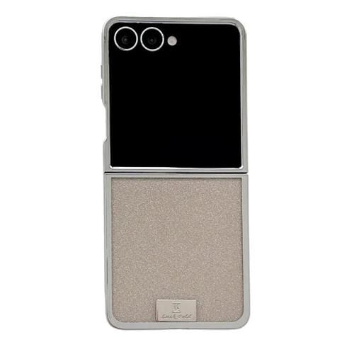 Funda para Samsung Galaxy Z Flip5 con marco chapado, papel brillante y placa de identificaciĂłn de cobertura completa (dorada)