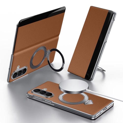 Funda de cuero con soporte magnético MagSafe y ventana SULADA Smart View para Samsung Galaxy Z Fold7 5G (marrón)
