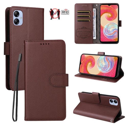 Funda de cuero con textura Litchi para Samsung Galaxy A04e 4G/F04, con bloqueo RFID y capacidad para 3 tarjetas (marrón)