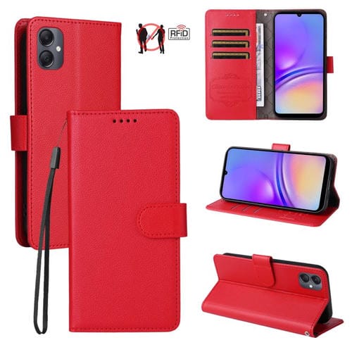 Funda de cuero con textura Litchi para Samsung Galaxy A05, con bloqueo RFID y capacidad para 3 tarjetas (roja)