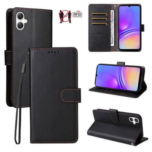 Funda de cuero tipo billetera con bloqueo RFID para Samsung Galaxy A07 4G/5G, textura Litchi, con capacidad para 3 tarjetas (negro)