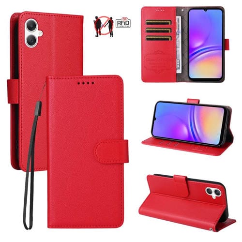 Funda de cuero tipo billetera con bloqueo RFID para Samsung Galaxy A07 4G/5G, textura Litchi, para 3 tarjetas (roja)