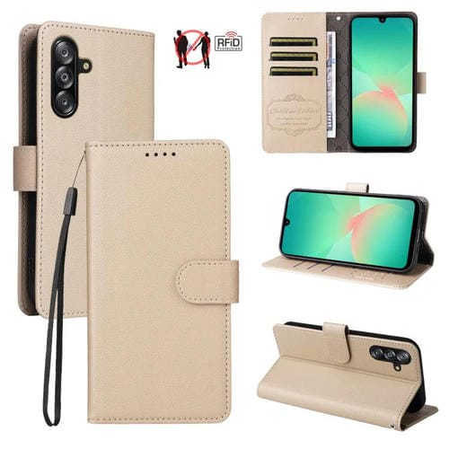 Funda de cuero tipo billetera con bloqueo RFID para Samsung Galaxy A16 4G/5G/A26 (textura Litchi, beige)