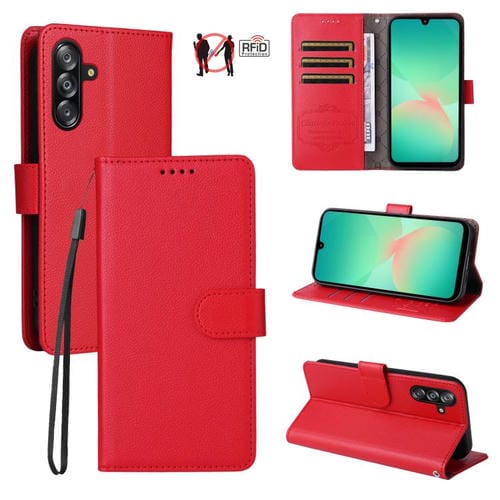 Funda de cuero tipo billetera con bloqueo RFID para Samsung Galaxy A16 4G/5G/A26, con textura Litchi y capacidad para 3 tarjetas (roja)