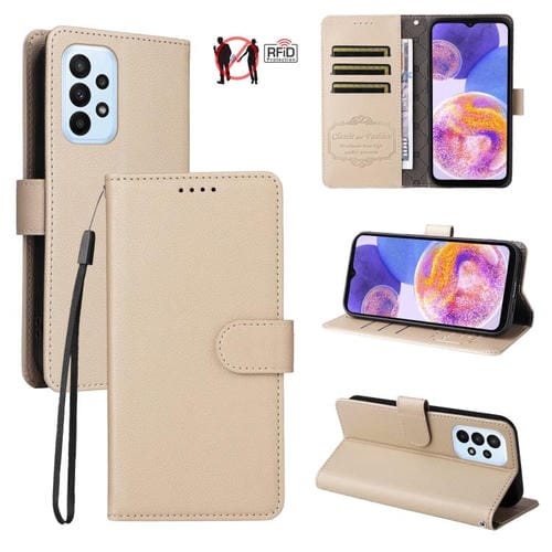 Funda de cuero tipo billetera con bloqueo RFID para Samsung Galaxy A23 4G/5G/F23 (textura Litchi, beige)