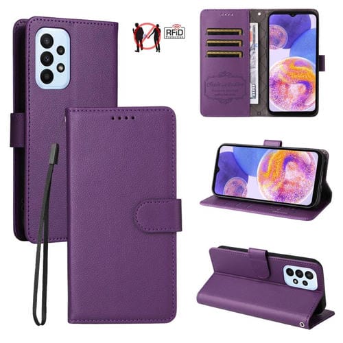 Funda de cuero tipo billetera con bloqueo RFID para Samsung Galaxy A23 4G/5G/F23, con textura Litchi y capacidad para 3 tarjetas (morado)