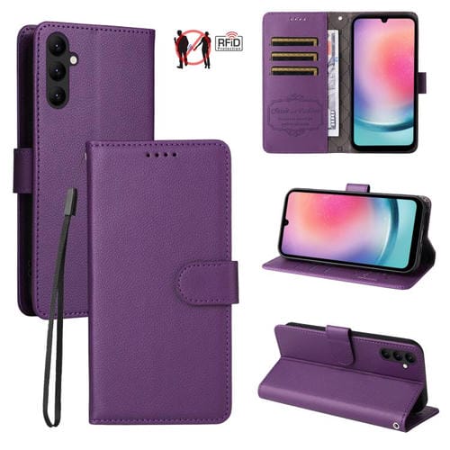 Funda de cuero tipo billetera para Samsung Galaxy A24 4G con textura Litchi y bloqueo RFID para 3 tarjetas (morado)