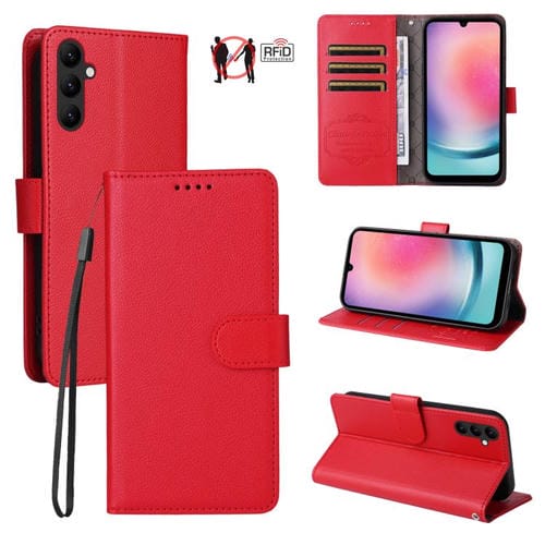 Funda de cuero con textura Litchi para Samsung Galaxy A24 4G, con bloqueo RFID y capacidad para 3 tarjetas (roja)