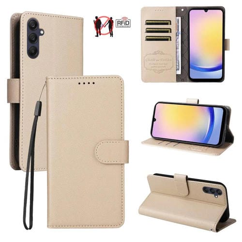 Funda de cuero con textura Litchi Global para Samsung Galaxy A25 5G, con bloqueo RFID y capacidad para 3 tarjetas (beige)