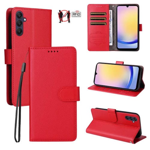 Funda de cuero con textura Litchi Global para Samsung Galaxy A25 5G, con bloqueo RFID y capacidad para 3 tarjetas (roja)