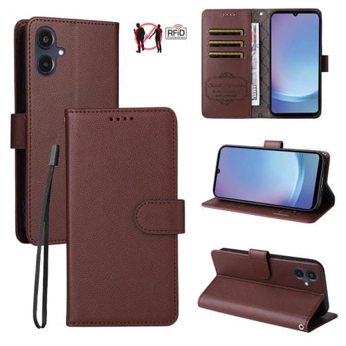 Funda de cuero con textura Litchi para Samsung Galaxy A25e, con bloqueo RFID y capacidad para 3 tarjetas (marrón)