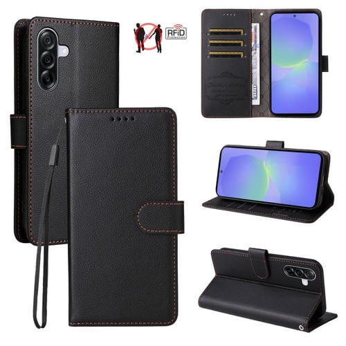 Funda de cuero con textura Litchi para Samsung Galaxy A36 5G, con bloqueo RFID y capacidad para 3 tarjetas (negro)