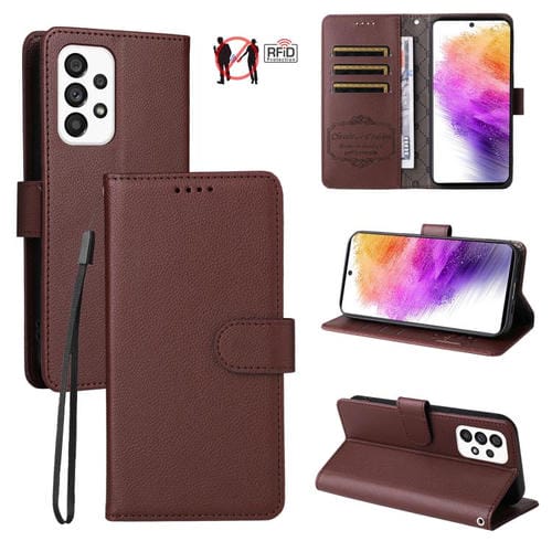 Funda de cuero con textura Litchi para Samsung Galaxy A73 5G, con bloqueo RFID y capacidad para 3 tarjetas (marrón)