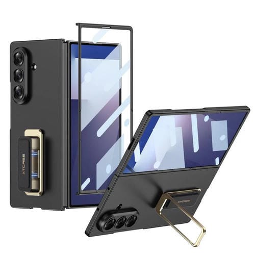 Funda ultrafina con correa de muñeca integrada y soporte giratorio para Samsung Galaxy Z Fold7 5G GKK (negro)