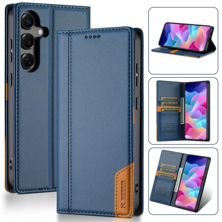 Funda de cuero con tapa magnética y costuras RFID para Samsung Galaxy S25 5G N.BEKUS P3 (azul)