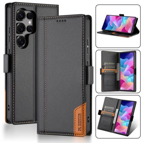 Funda de cuero con tapa magnética y costuras RFID para Samsung Galaxy S25 Ultra 5G N.BEKUS P3 (negra)