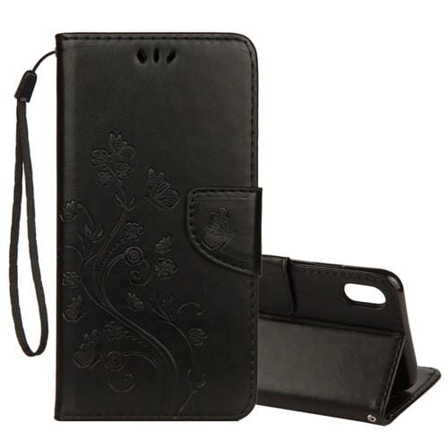 Estuche de Cuero para iPhone Xr con Tapa Horizontal Patrón Mariposa Ranura Tarjeta Soporte Billetera Cordón (Negro)