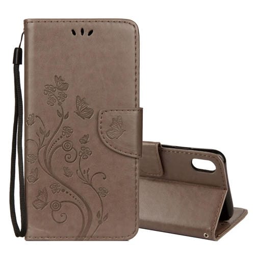 Estuche de Cuero para iPhone Xr con Tapa Horizontal Patrón Mariposa Ranura Tarjeta Soporte Billetera Cordón (Gris)