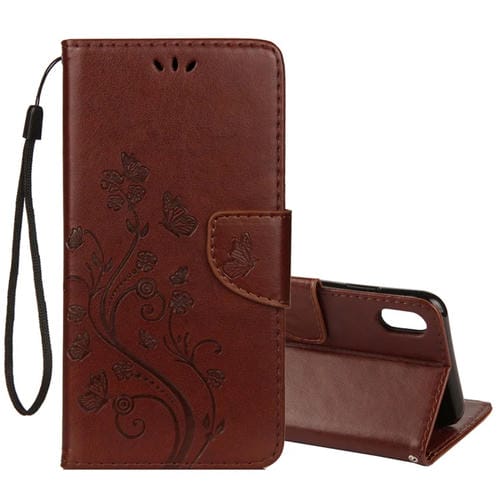 Estuche de Cuero para iPhone Xr con Tapa Horizontal Patrón Mariposa Ranura Tarjeta Soporte Billetera Cordón (Marrón)