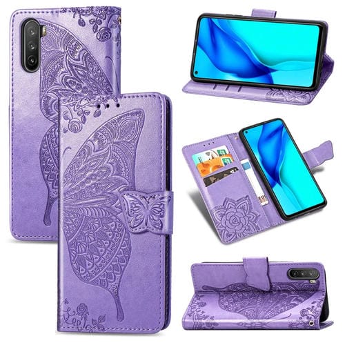 Para Huawei Mate 40 Lite / Maimang 9 Butterfly Love Flower Funda de cuero con tapa horizontal en relieve con soporte y ranuras para tarjetas y billetera y cordón (morado claro)