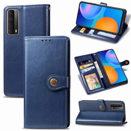 Para Huawei P Smart 2021 Retro Color Sólido Hebilla de cuero Funda telefónica con Lanyard & Photo Frame & Tarjeta Slot & Walket & Stand Function (Azul)