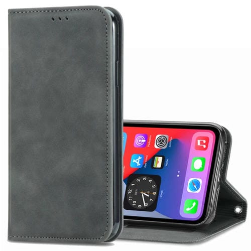Funda de Cuero para iPhone 12 Pro Max con Tapa Horizontal Magnética Soporte Ranuras Tarjetas Billetera Marco Fotos (Gris)