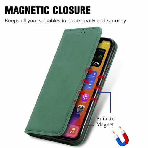 Funda para iPhone 12/12 Pro Business Cuero con Tapa Horizontal Magnética Soporte Ranuras Tarjetas Billetera Marco Fotos (Verde)