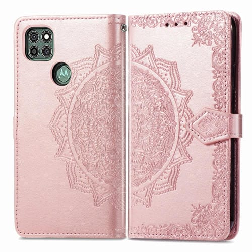 Para Motorola G9 Power Mandala Flower Funda de cuero horizontal en relieve con soporte y tres ranuras para tarjetas y billetera y cordón (oro rosa)