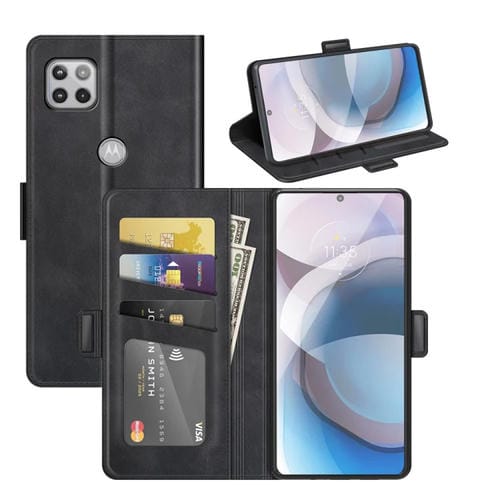 Para MOTOROLA MOTO ONE 5G ACE con hebilla magnética de doble lado de la funda de cuero con soporte y tragamonedas y billetera (negro)