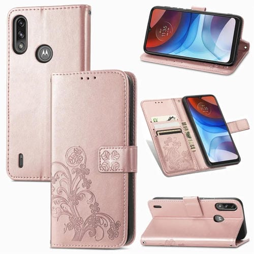 Para Motorola E7 Potencia Cierre de cuatro hojas Funda de cuero con hebilla en relieve con hebilla en relieve con fachada de cordones y tarjetas y función de soporte y soporte (oro rosa)