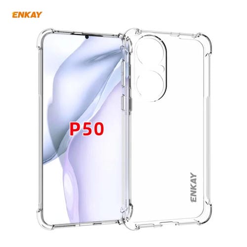 Para Huawei P50 Hat-Prince Enkay Clear TPU Funda a prueba de golpes Tapa antideslizante suave + 0.26mm 9h 2.5D Pegamento completo Cobertura completa Protector de cristal templado