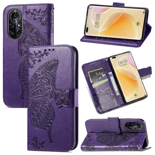 Para Huawei Nova 8 Pro Butterfly Love Flower Flower Horizontal Flip Funda de cuero con soporte y ranura para tarjeta y billetera y cordón (morado oscuro)