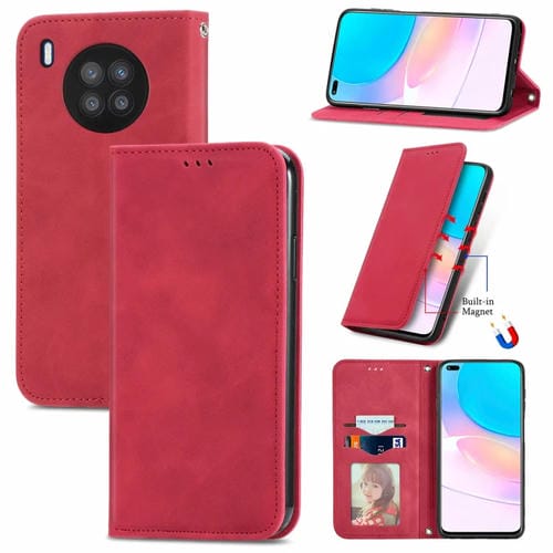 Para Huawei Nova 8i retro piel sensación de cuero horizontal magnético Funda de cuero con soporte y ranuras para tarjetas y marco de fotografía (rojo)