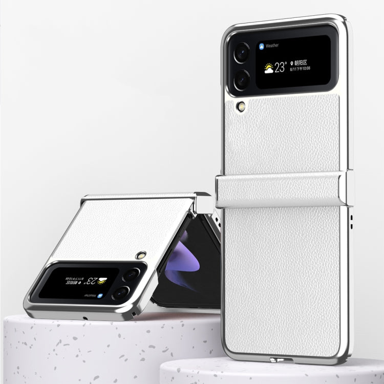 Para Samsung Galaxy Z Flip4 Litchi Texture Leather Metal Frame Bisagra Phone Case (Blanco)
