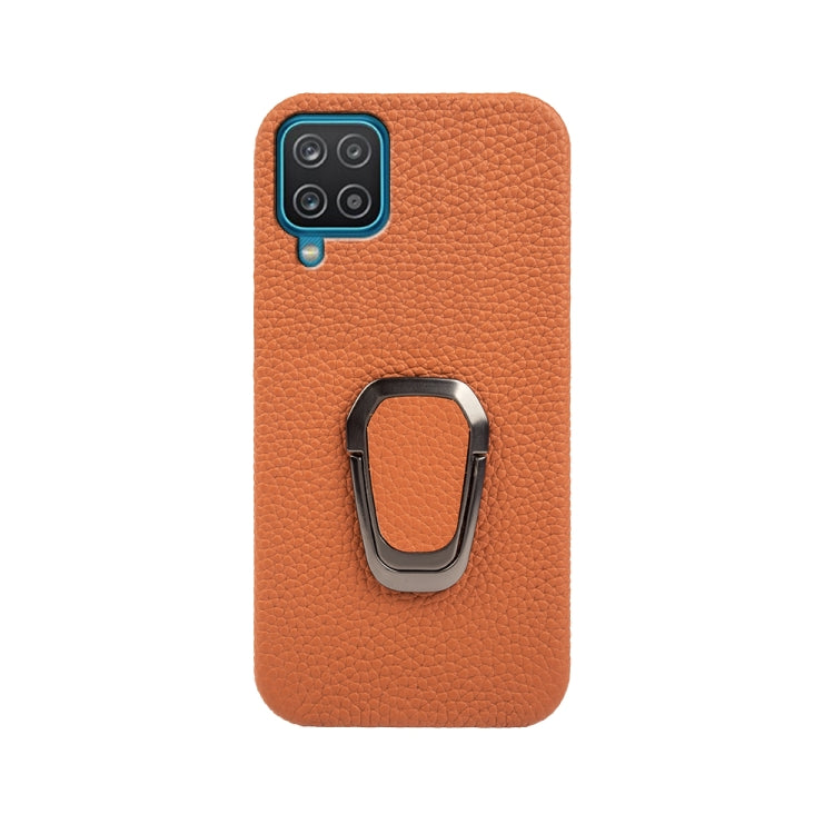 Para Samsung Galaxy A12 Ring Holder Litchi Texture Funda de teléfono de cuero genuino (marrón)