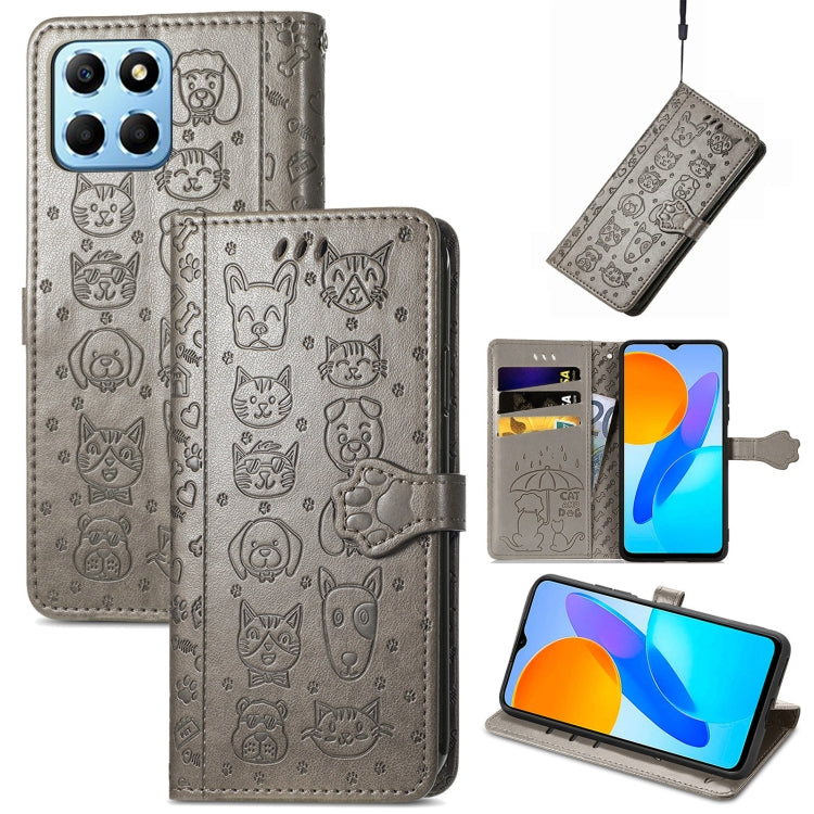 Estuche de Cuero para Honor X8 5G Cute Cat and Dog en Relieve (Gris)