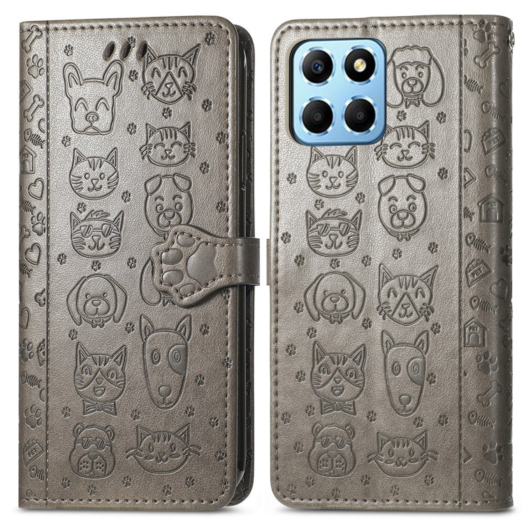 Estuche de Cuero para Honor X8 5G Cute Cat and Dog en Relieve (Gris)