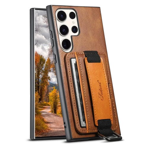 Para Samsung Galaxy S22 Ultra 5G Suteni H13 Tarjeta Monedero Correa para la muñeca Titular PU Funda para teléfono (Marrón)
