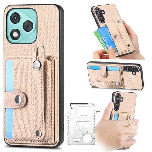 Funda para teléfono con correa de muñeca y soporte para tarjetas, billetera y cuchillo para Honor 400 Lite (caqui)