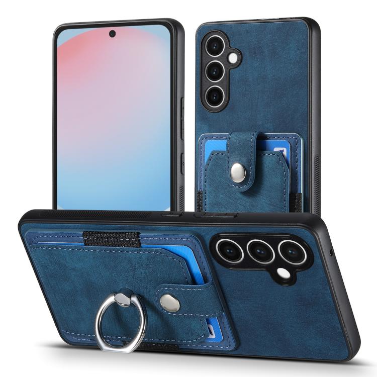 Funda tipo cartera con anillo y tarjetero para Samsung Galaxy S24 FE 5G, estilo retro (azul)