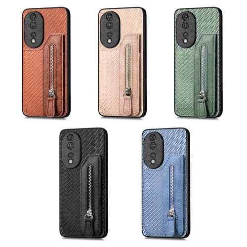 Funda de teléfono con tapa horizontal y cremallera de fibra de carbono para Honor 400 Lite (azul)