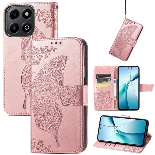 Funda de Cuero con Relieve Mariposa y Flor para Honor 200 (Oro Rosa)