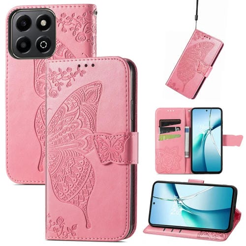 Funda de Cuero Honor 200 con Relieve Mariposa y Flor (Rosa)