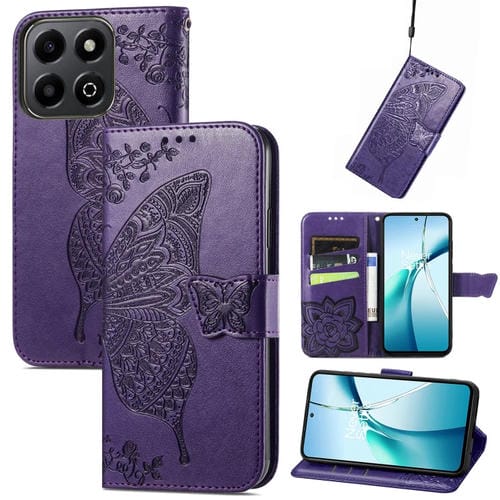 Funda de Cuero con Relieve Mariposa y Flor para Honor 200 (Morado)