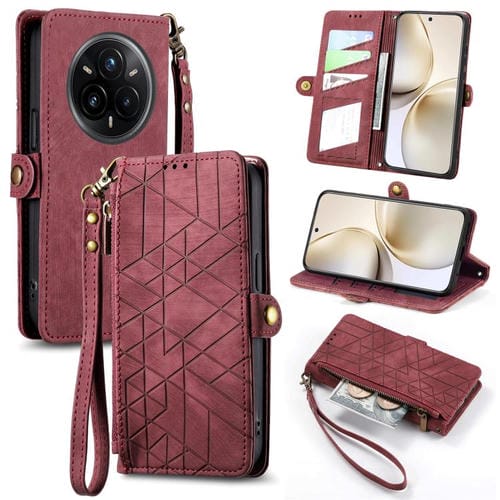 Funda de Cuero con Hebilla Lateral y Cremallera Geométrica para Realme 14 Pro+ (Roja)