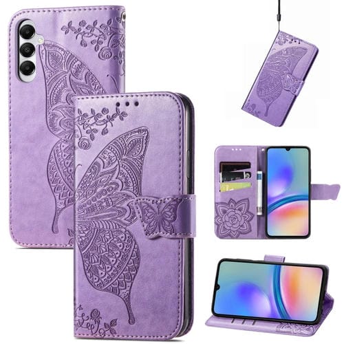 Funda para TelĂ©fono Samsung Galaxy A05S Cuero Relieve Flor y Mariposa (PĂșrpura Claro)