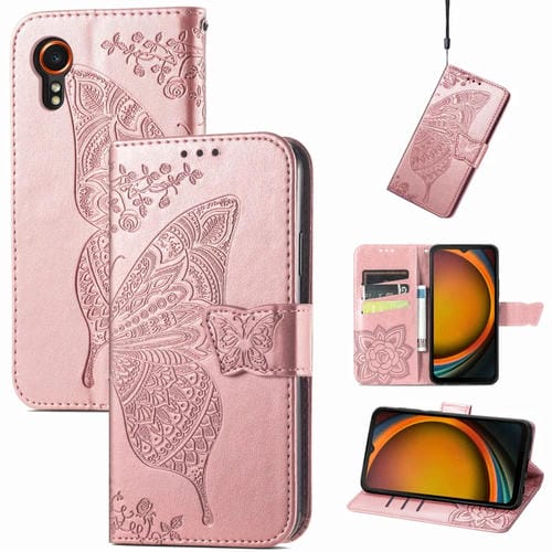 Funda para Teléfono Samsung Galaxy Xcover 7 Cuero Relieve Flor Amor y Mariposa (Oro Rosa)